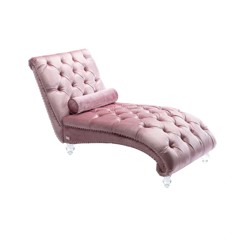 Button-Tufted Upholstered Velvet Recliner Chaise with Pillow and Acrylic Feet