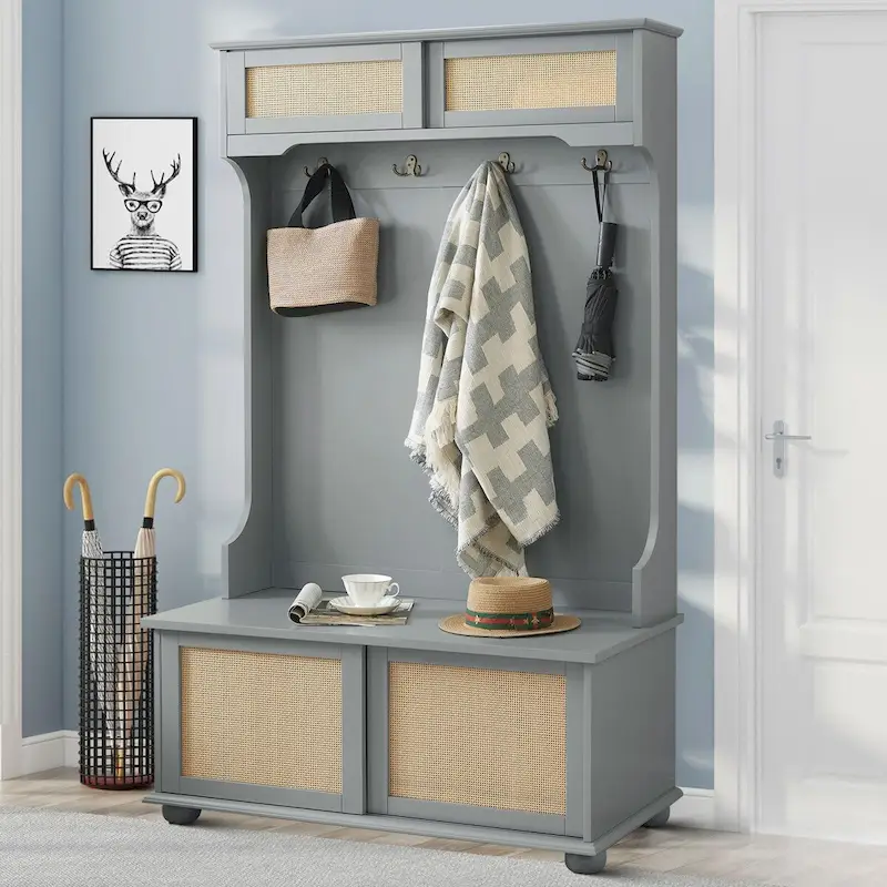 Classic Farmhouse Style Wooden Storage Dresser with Woven Rattan Decorative Cabinet Doors