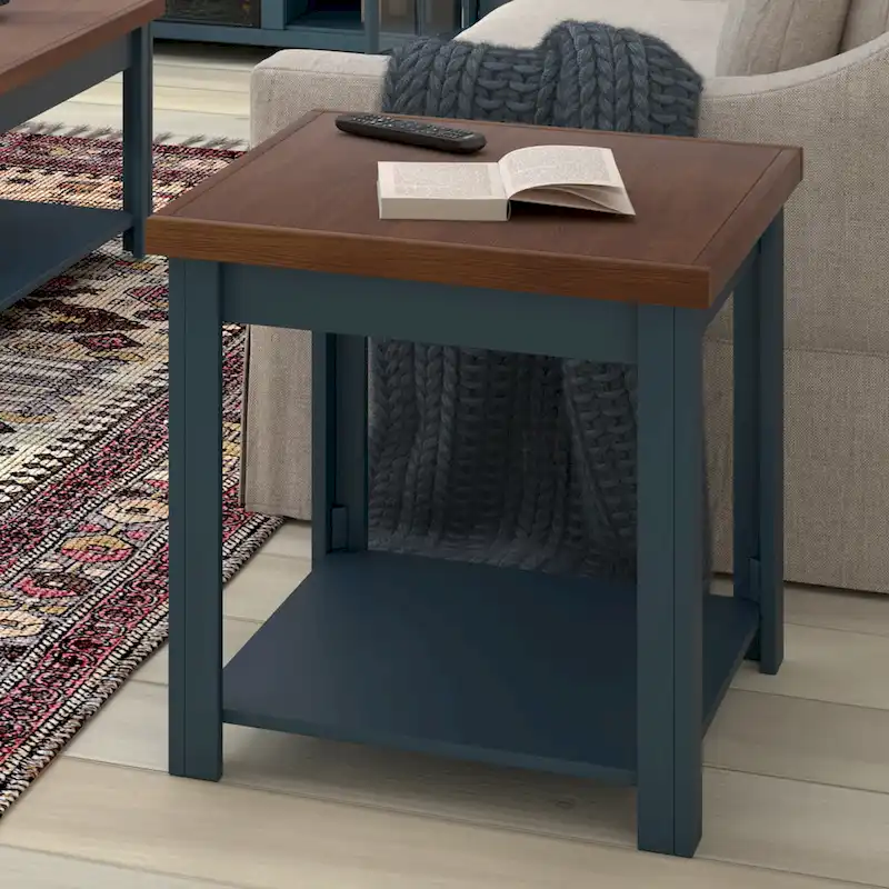 24 inch Side Table, No Assembly Required, Blue Denim and Whiskey Finish
