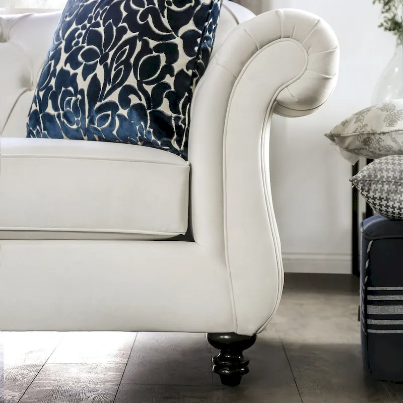 Addae Glam White Fabric Upholstered Rolled Arms Tufted Sofa by Furniture of America