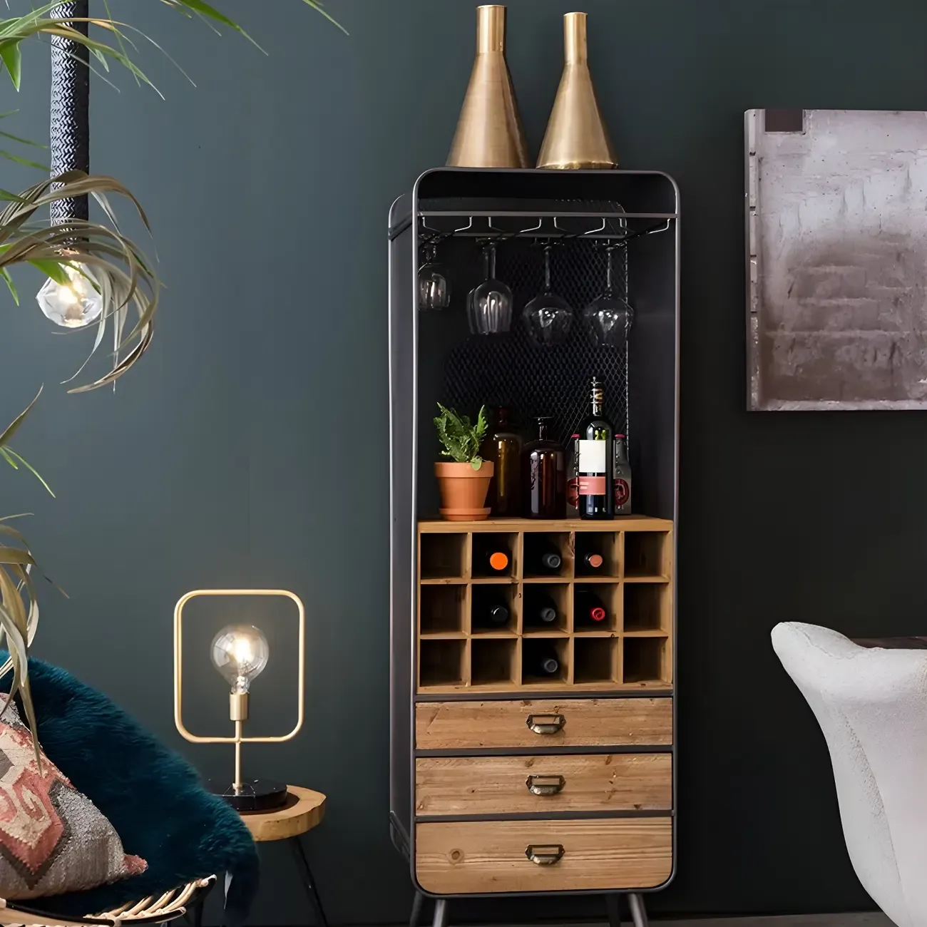 Industrial Brown Wooden Display Cabinet with Wine Storage