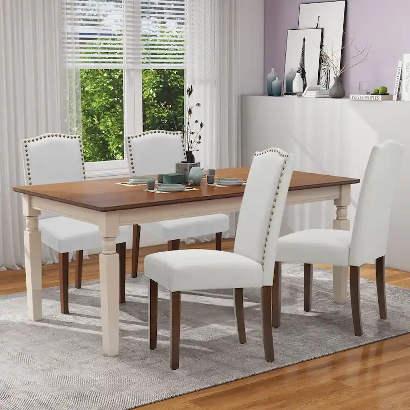 Dining Chairs Set of 2, Upholstered Dining Room Chairs Fabric Kitchen Chairs with Solid Wood Frame and Nailhead Trim