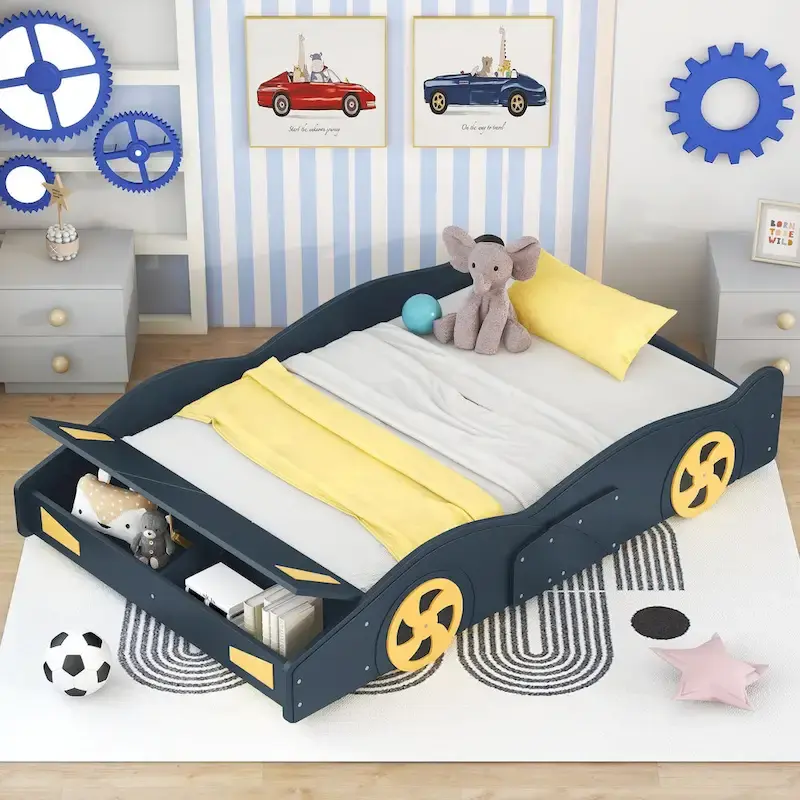 Full Pine Race Car Bed with Wheels & Storage