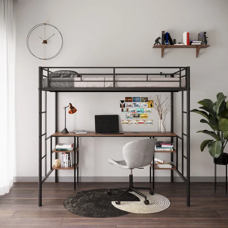 Twin Metal Loft Bed with Table, Shelves, Guardrails, and Ladders