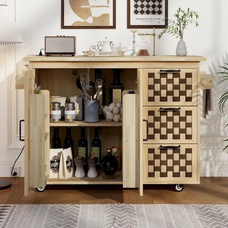 3D Woven Checkerboard Pattern Kitchen Island with Drop Leaf, Internal Storage Rack, Power Outlet, 3 Drawers and 2 Cabinets