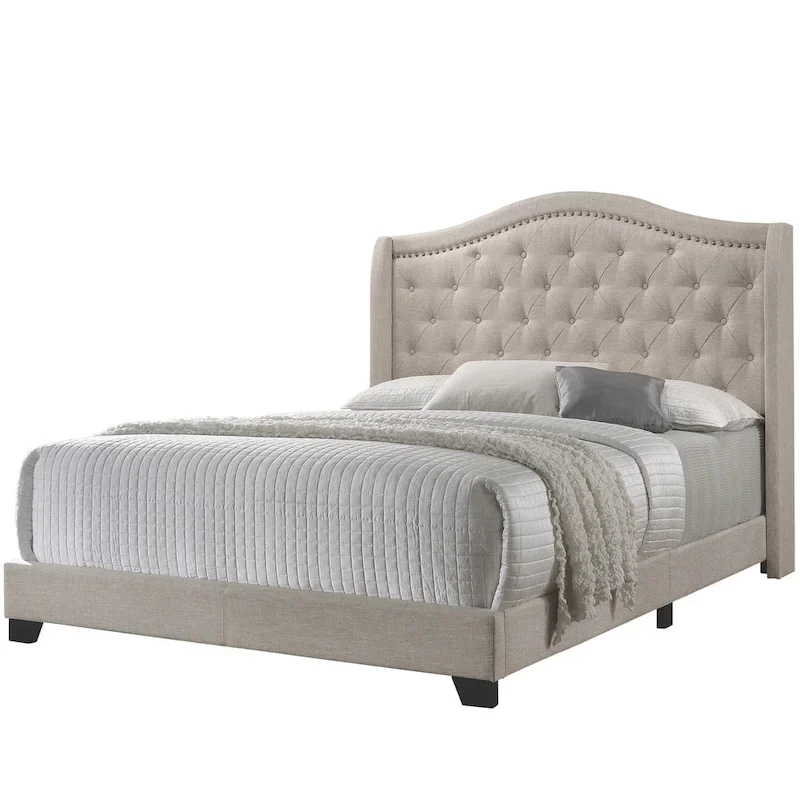 Modern Elegant Demi-Wing Design Button Tufted Beige Upholstered Bed