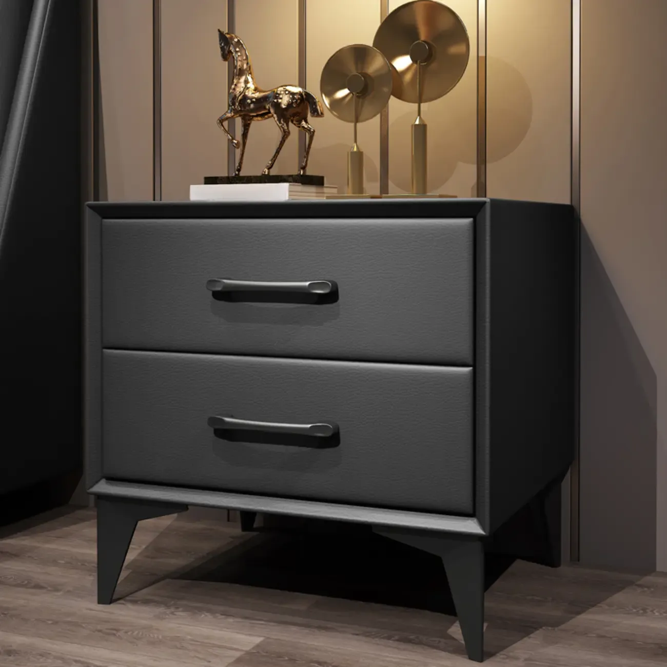 Trendy Leather Wooden 2-Drawer Nightstand with Metal Legs
