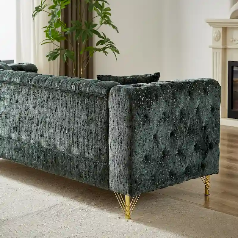 Green Chenille Tufted Upholstered 3-seater Sofa with Metal Legs