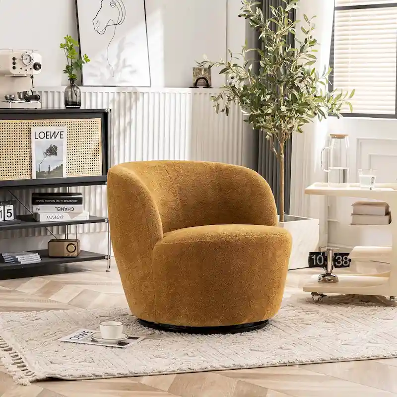 Single Fabric Modern Accent Chair 360 Degree Rotation Swivel Barrel Chairs