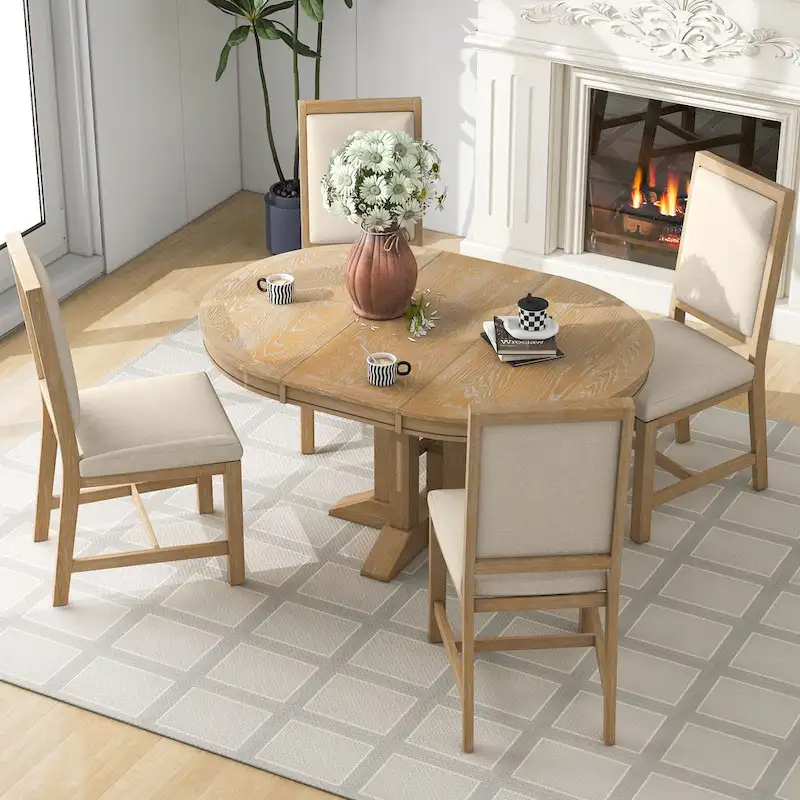 5-Piece Wooden Dining Table Set with Extendable Round Table & 4 Chairs