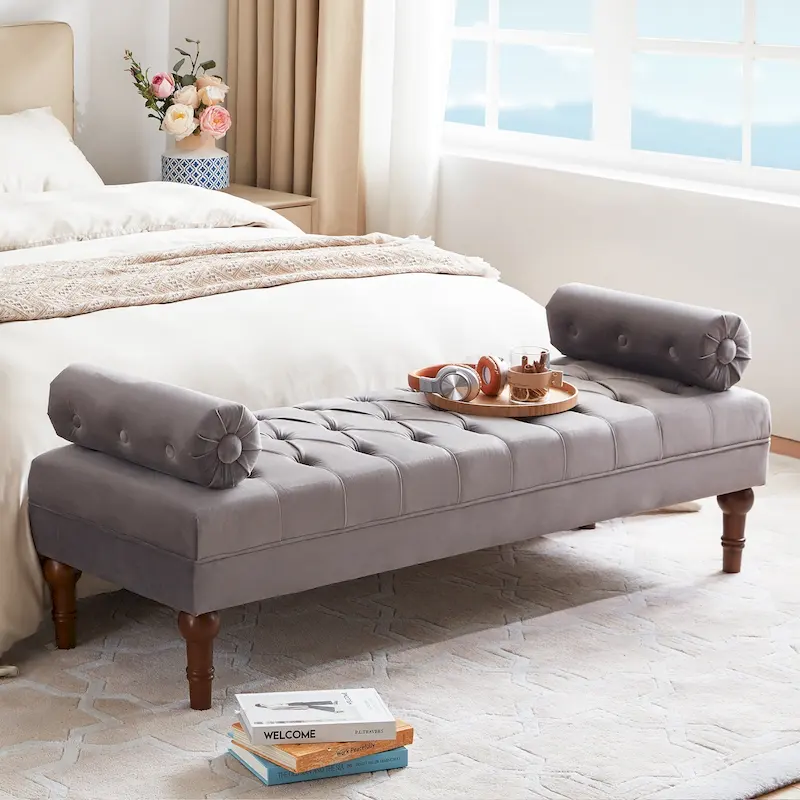 Velvet Bedroom Bench Pink/ Beige/ Blue/ Gray Upholstered Bench with Button-Tufted 60.2.
