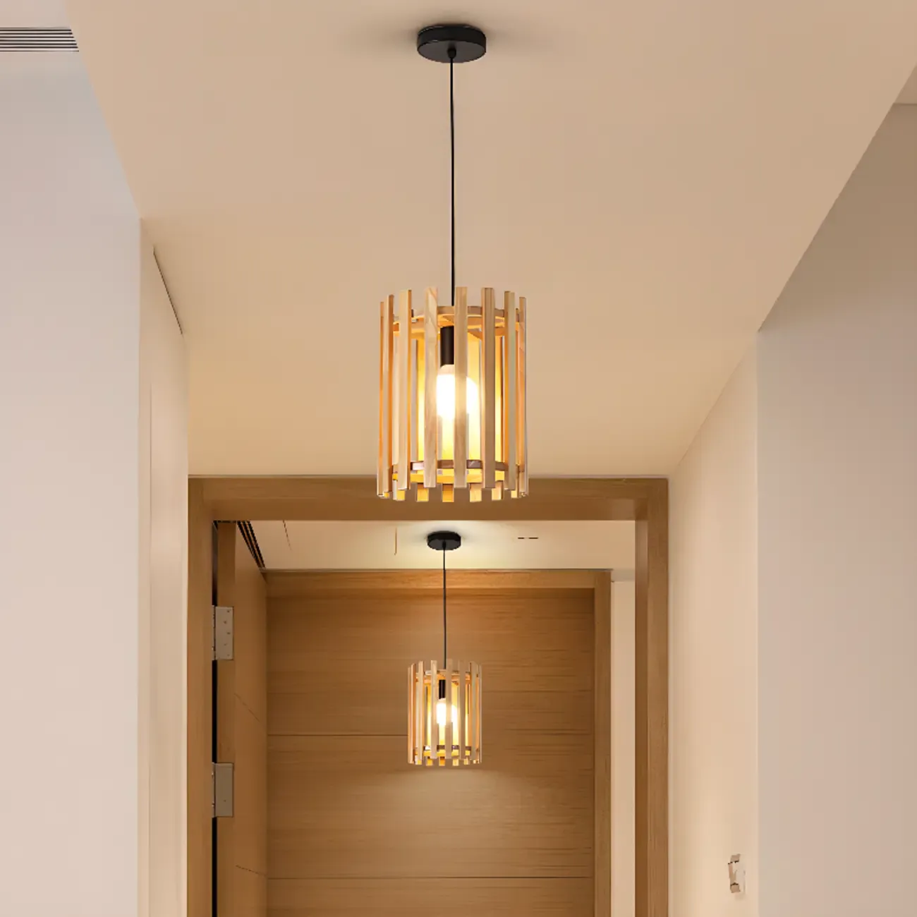 Adjustable Height Rustic Cylinder Wooden Pendant Light