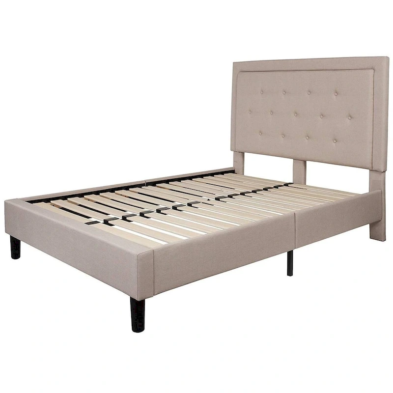 Full Beige Fabric Upholstered Platform Bed Frame with Tufted Headboard