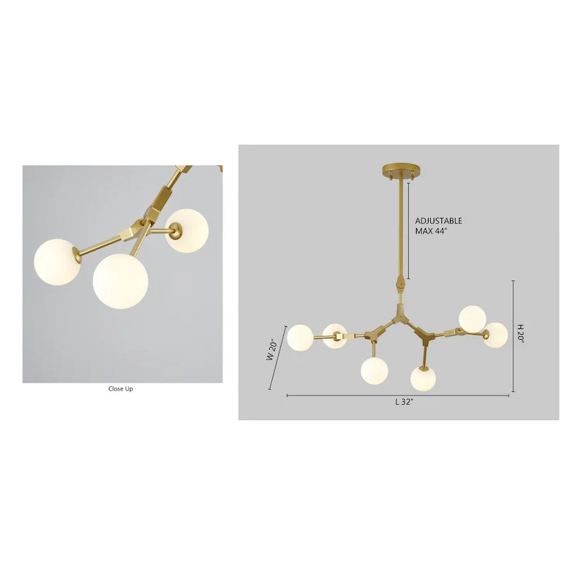 6 Light Gold Iron Pendant Lighting With White Glass Shade