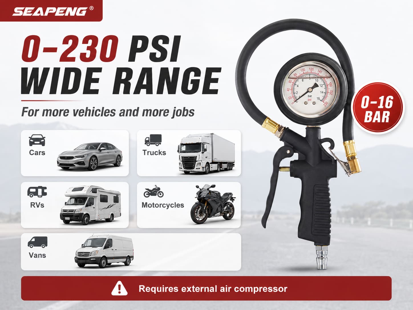 SEAPENG DP-202 Liquid-Filled Tire Pressure Gauge, 0-230 PSI for cars, trucks, RVs and garages