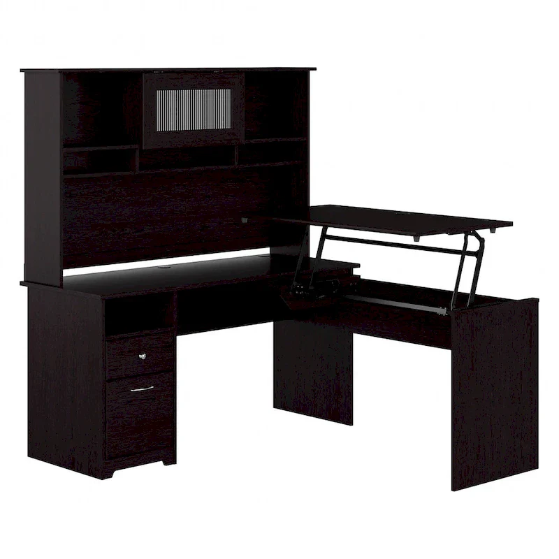 60W 3-position L-shaped Sit to Stand Desk with Hutch by
