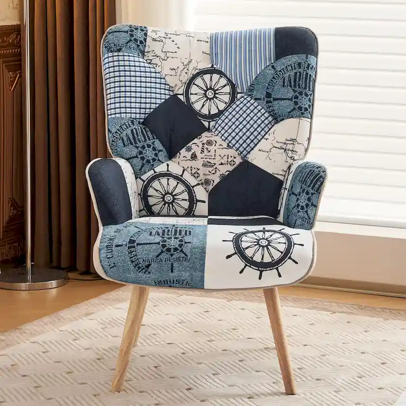 Linen Upholstered Modern Armchair Accent Chair with Wood Legs