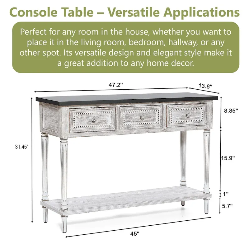 Farmhouse Distressed Wood and Metal 3-Drawer Console Table