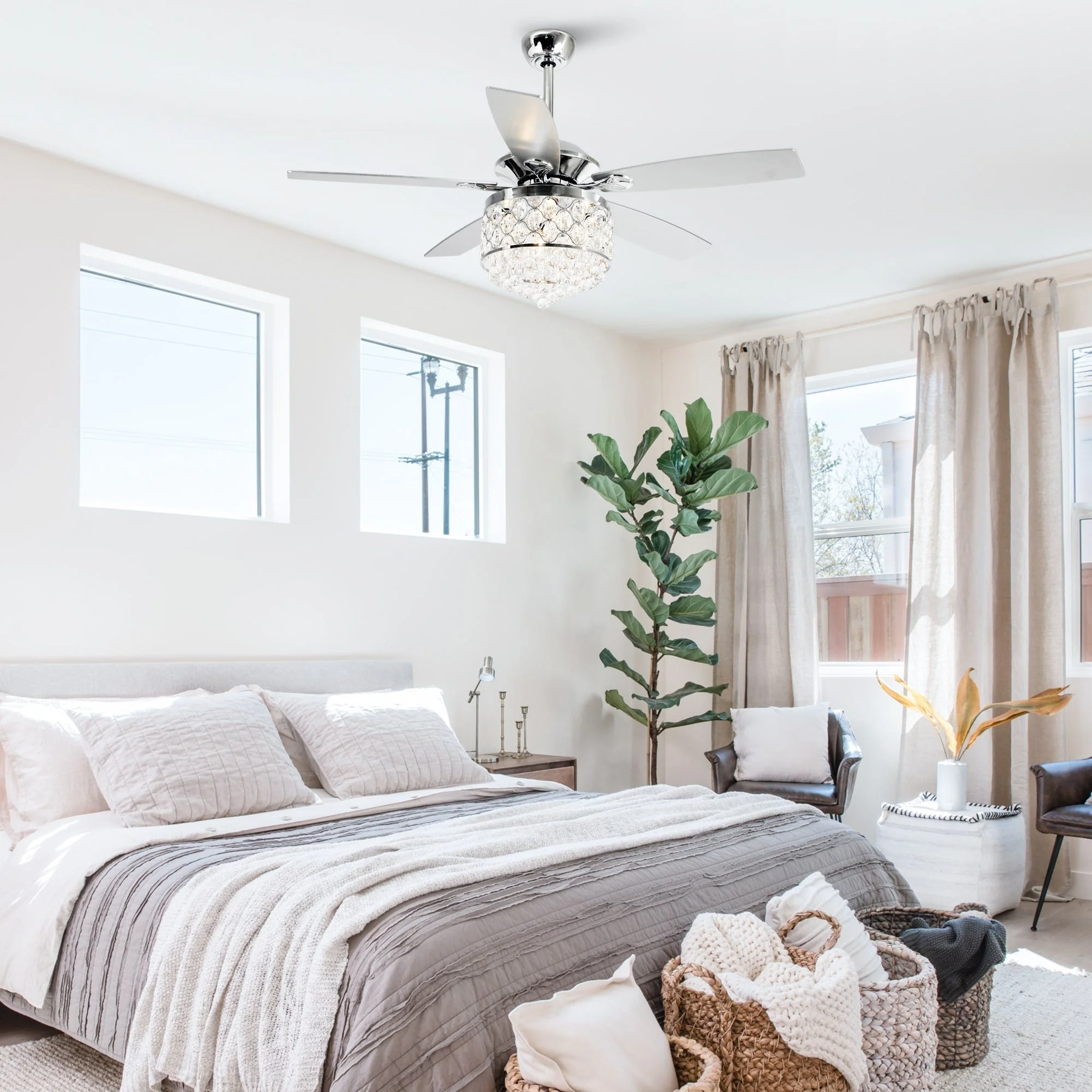 Chrome/ Crystal 4-light Chandelier/ Ceiling Fan with Remote