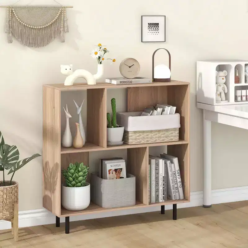 Black/Natural/White Mid-Century Modern 4-Cube Open Bookshelf, Single