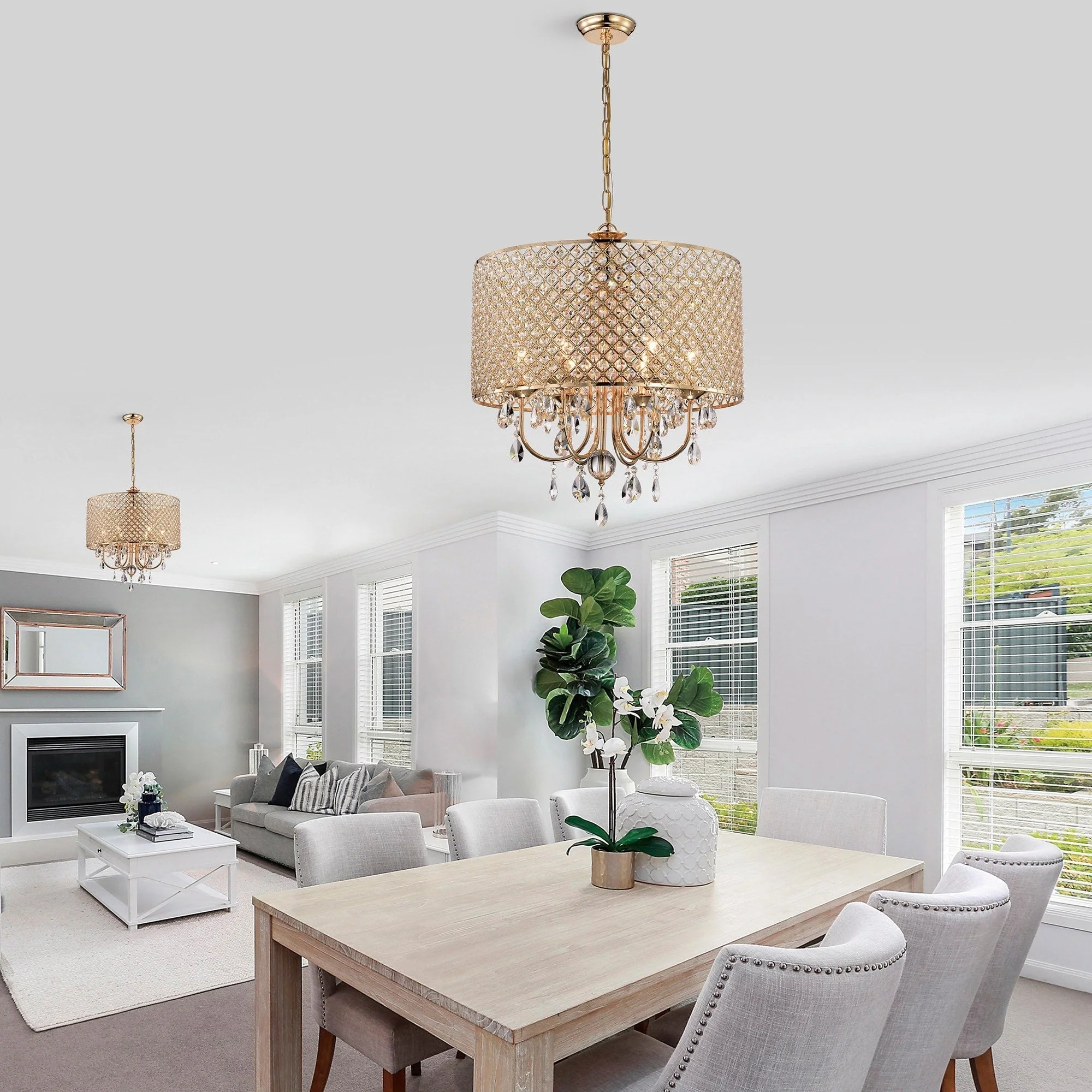 Round Beaded Drum Chandelier with Hanging Crystals