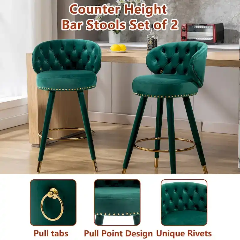 Velvet Upholstered 360 Degree Swivel Tufted Bar Stools with Golden Footrest(set of 2)