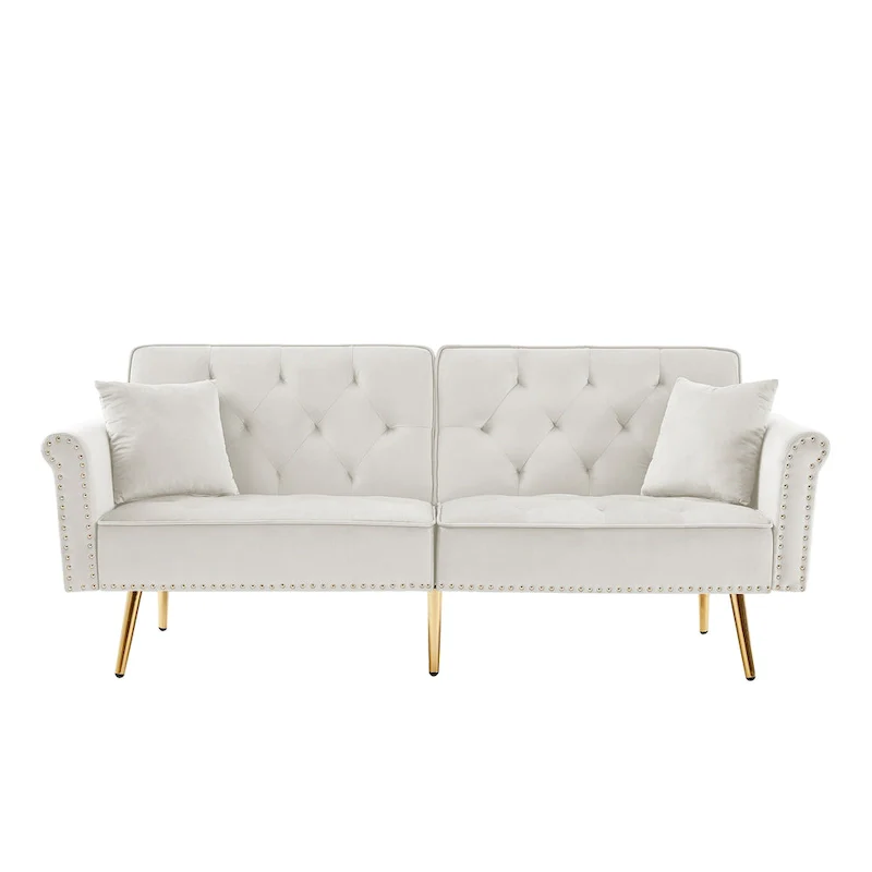 Velvet Tufted Sofa Couch with 2 Pillows and Nailhead Trim