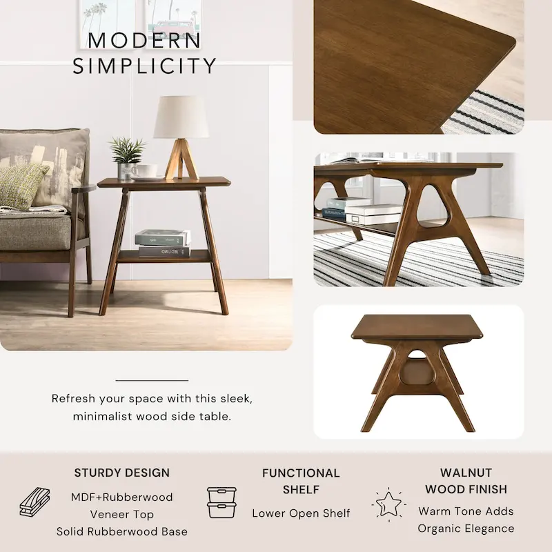 Roundhill Furniture Arona Mid-Century Modern Wood End Table with Shelf