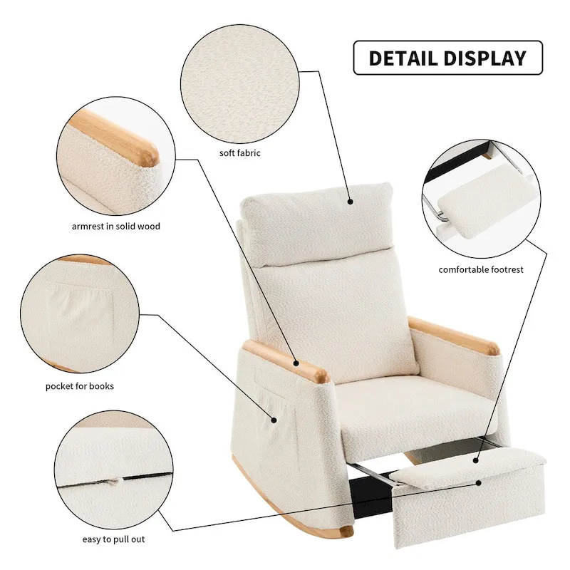 Accent Rocking Chair with Footrest High Back Rubber Wood Rocking Legs Bedroom Living Space