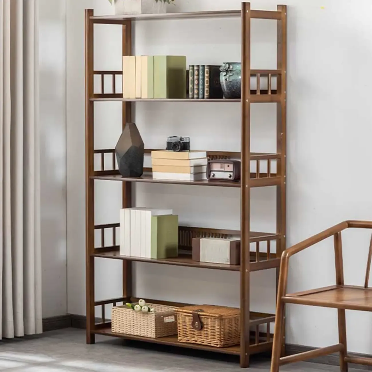 Vertical Modern 4-Tier Open Back Brown Wood Bookcase