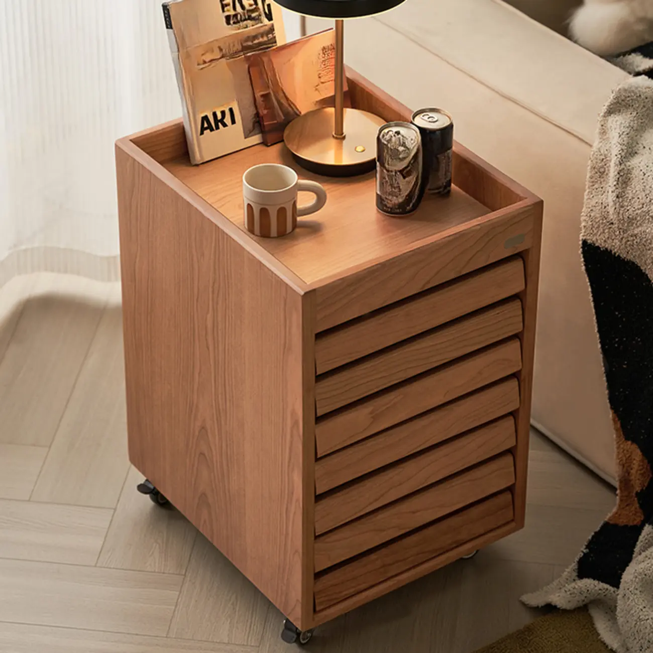 Modern Cherry Wood Rolling Side Table with Drawers