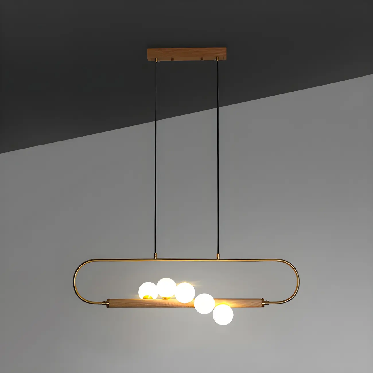 Modern Brass Wood Linear Island Pendant Light