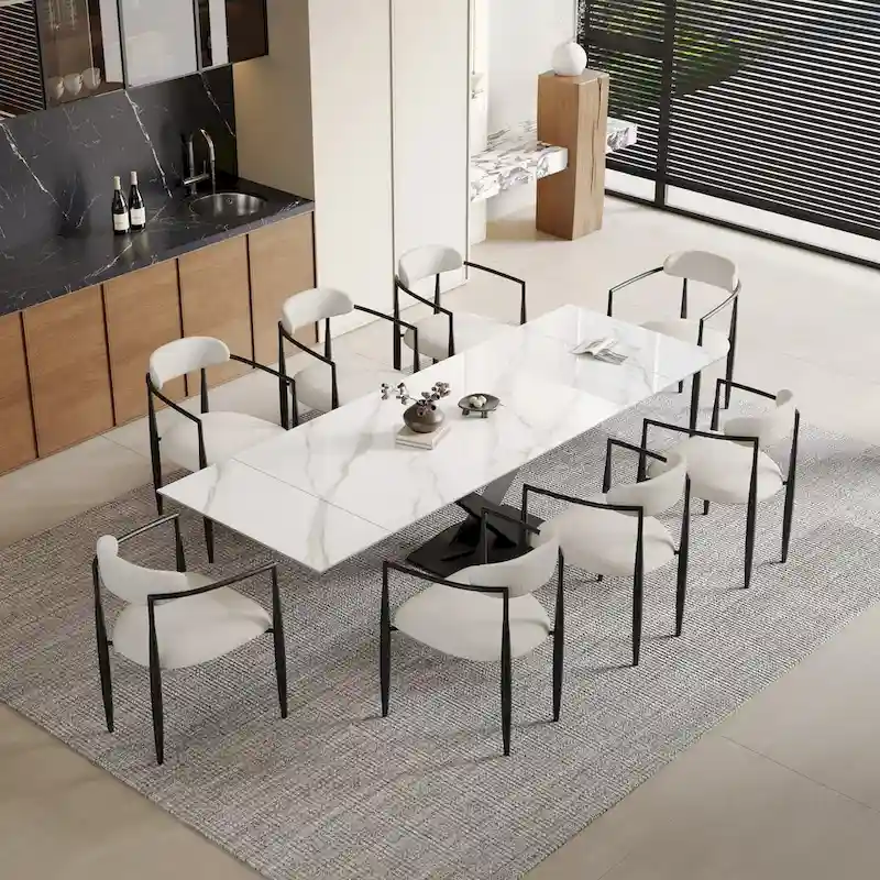 9 - Piece 94.48 Modern Minimalist Extendable Sintered Stone Top Dining Set with 8 Fabric Chairs
