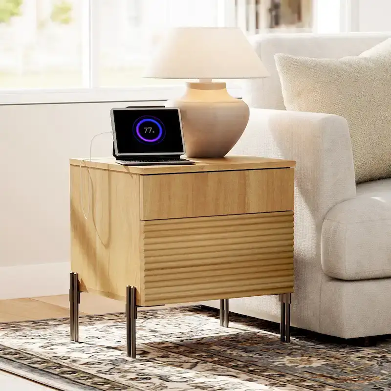 WAMPAT 3-Piece Modern Bedroom Set, 47 Fluted Dresser with 6 Drawers & 2 Nightstands with Charging Station, Oak