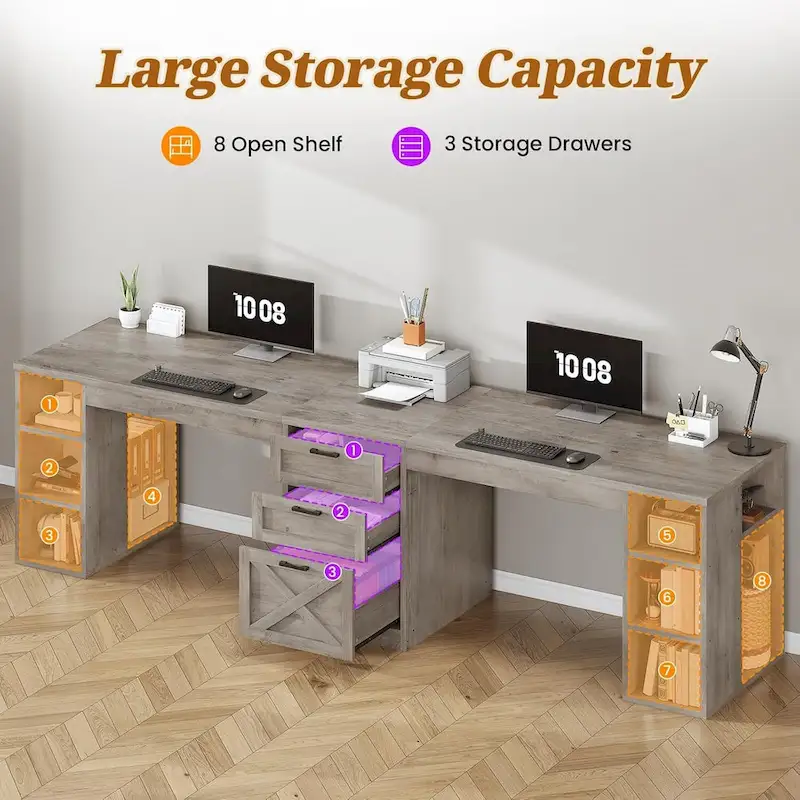 96.5 Computer Desk 3 Drawers Home Office Desk 8 Open Shelves