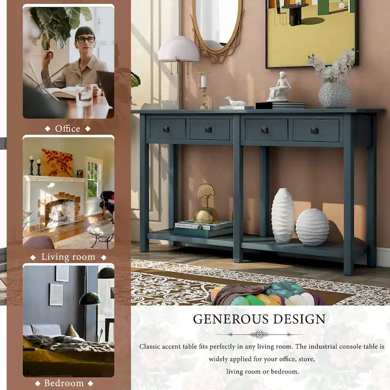 Antique Navy Entryway Console Table with Drawer and Shelf