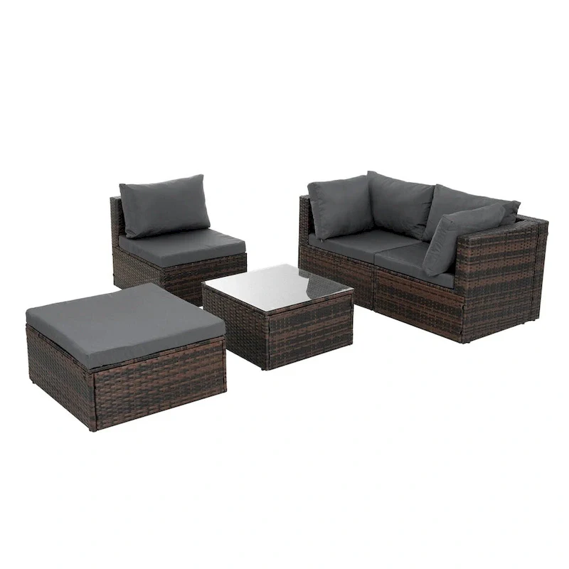 5 Set Wicker Furniture With Tempered Glass Coffee Table