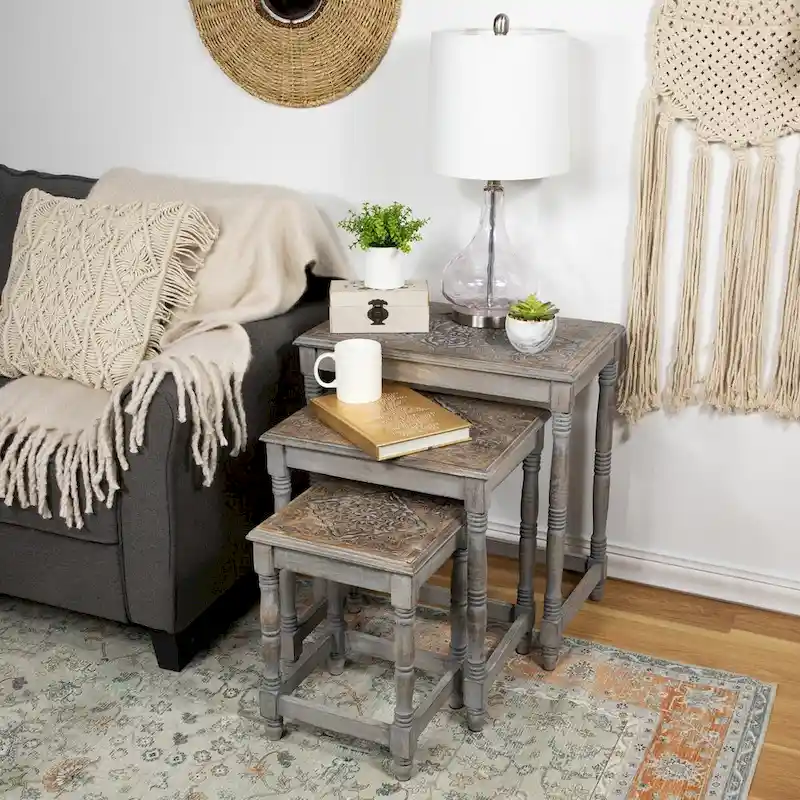 Set of 3 Matte Gray Etched Stackable Nesting Side Tables 24