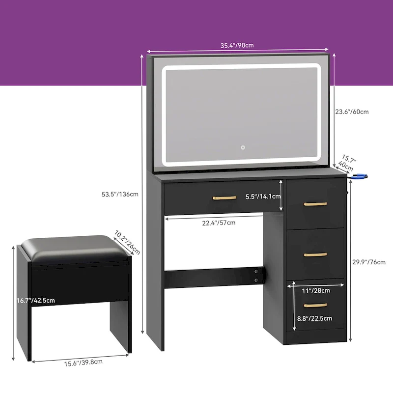 Moasis Makeup Vanity Table Cushioned Stool Vanity Desk Set - 35.43L x 15.74W x 53.54H