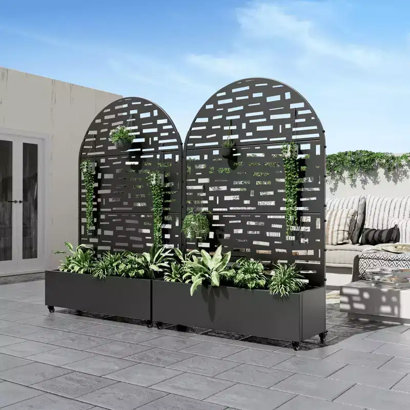 MAYEERTY Planter Box with Trellis Iron Black Arch Gerald Wide Edge Street Style 72x47x16in 3-Piece Set