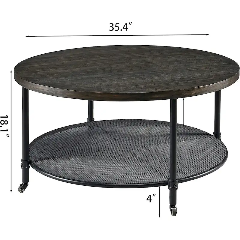 Round Industrial Coffee Table with Casters