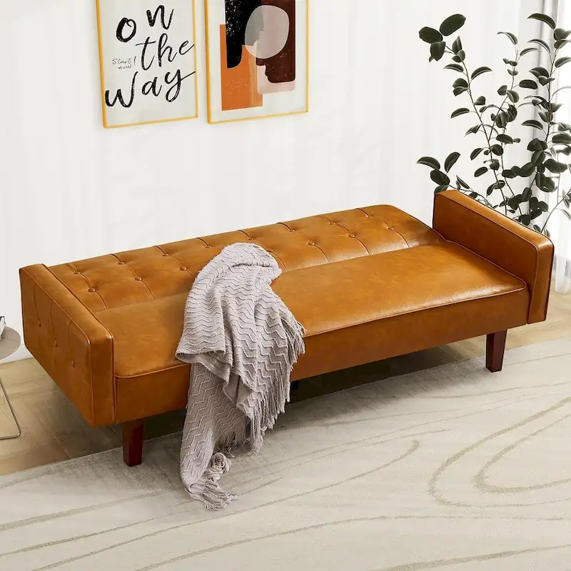 Faux Leather Futon Sofa Bed Sleeper Couch, Mid Century Button Tufted Upholstered Convertible Sofa Bed with Wooden Legs
