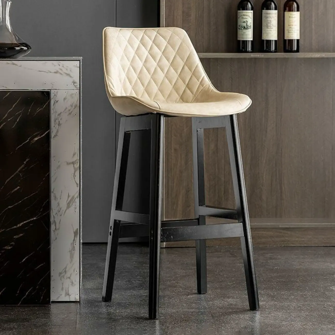 Modern Wood Tufted Upholstered Leather Bar Stool