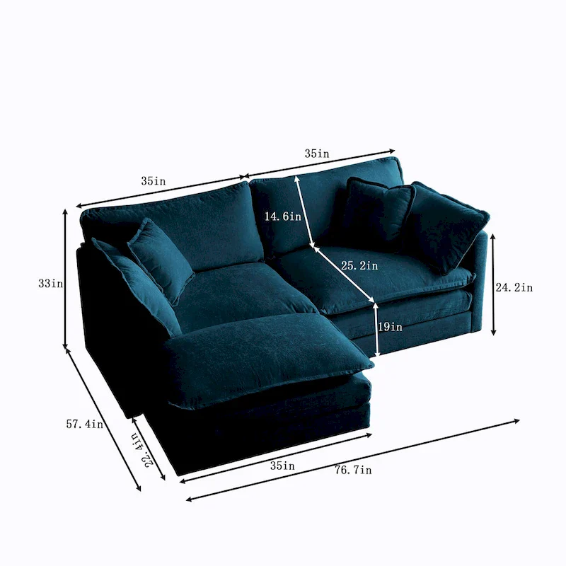 Chenille L-Shaped Sectional, 2 Seater Loveseat with Ottoman Blue