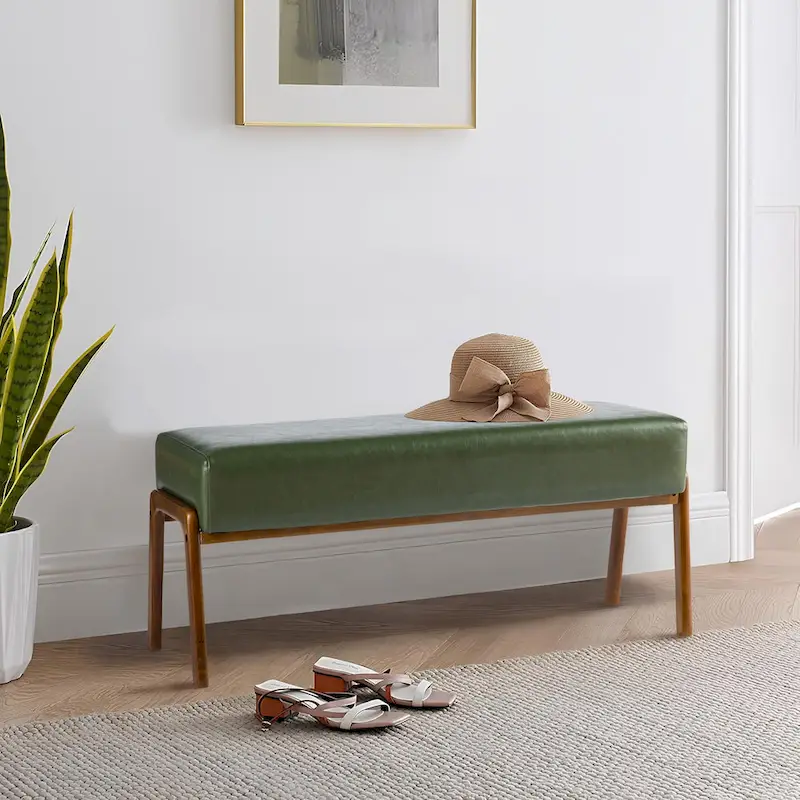 Glitzhome 42.25W Modern Leatherette Bench with Walnut Rubberwood Legs