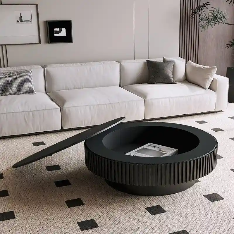 39.37in Round Coffee Table with Storage Solid Wood Veneered