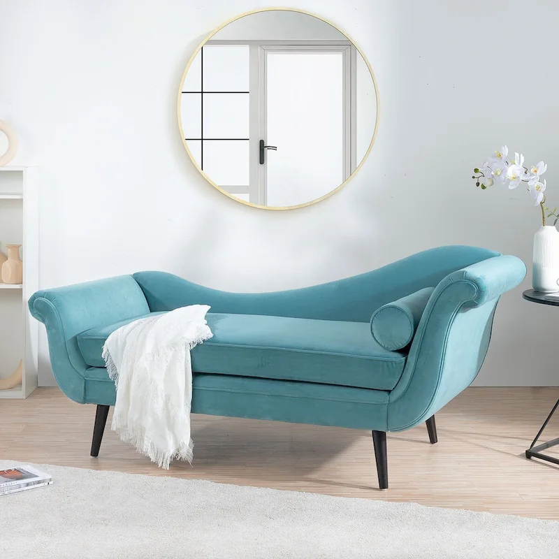 Upholstered Chaise Lounge with Scroll Arms, Accent Pillow & Solid Wood Legs