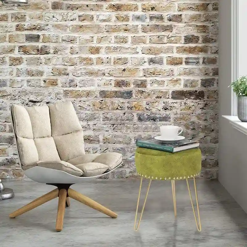 Adeco Round Footstool Ottoman Velvet Dressing Stool Gold Metal Legs