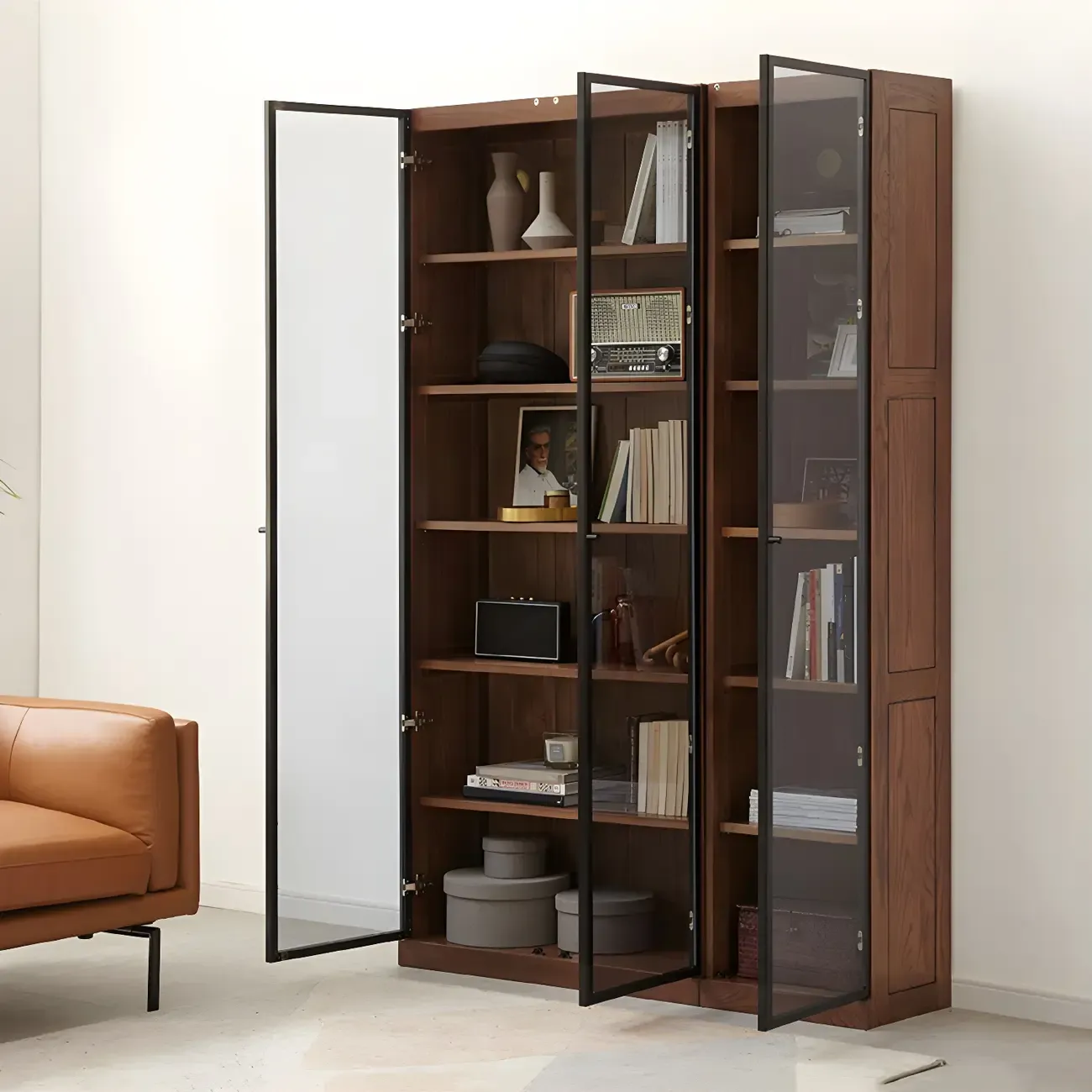 Adjustable Shelves Glass Solid Wood Display Wine Cabinet