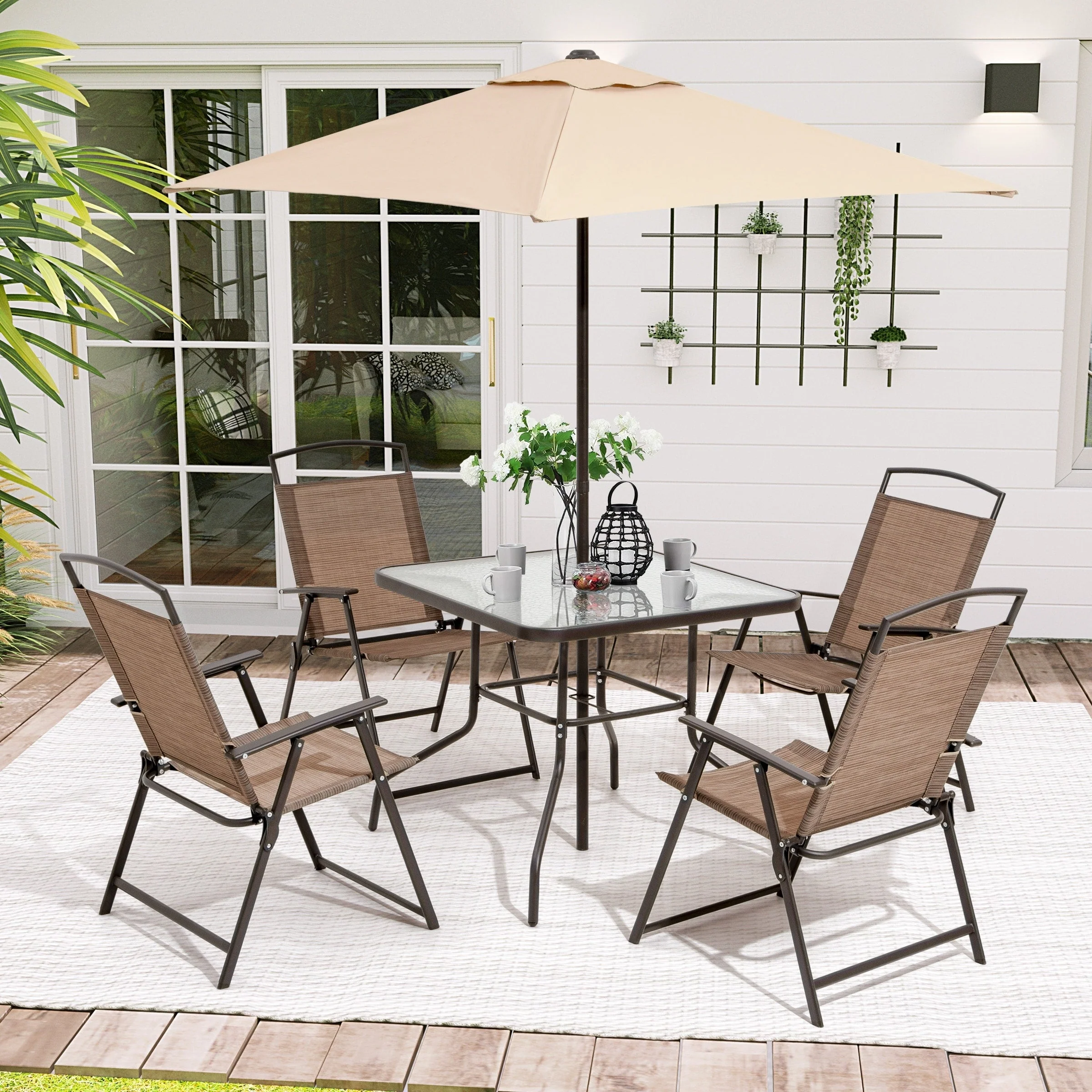 Pellebant 6 Piece Patio Set with Table, Umbrella and 4 Folding Chairs - 22.4Wx26.8Dx34.4H